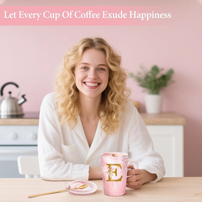 Birthday Gifts for Women, Personalized Ceramic Women Coffee Mug with Lid,14 Oz Pink Initial Mug Customized Gift, Christmas New Moms Mother's Day Gifts for Her Mom Grandma Friend Sister Wife Unique,E