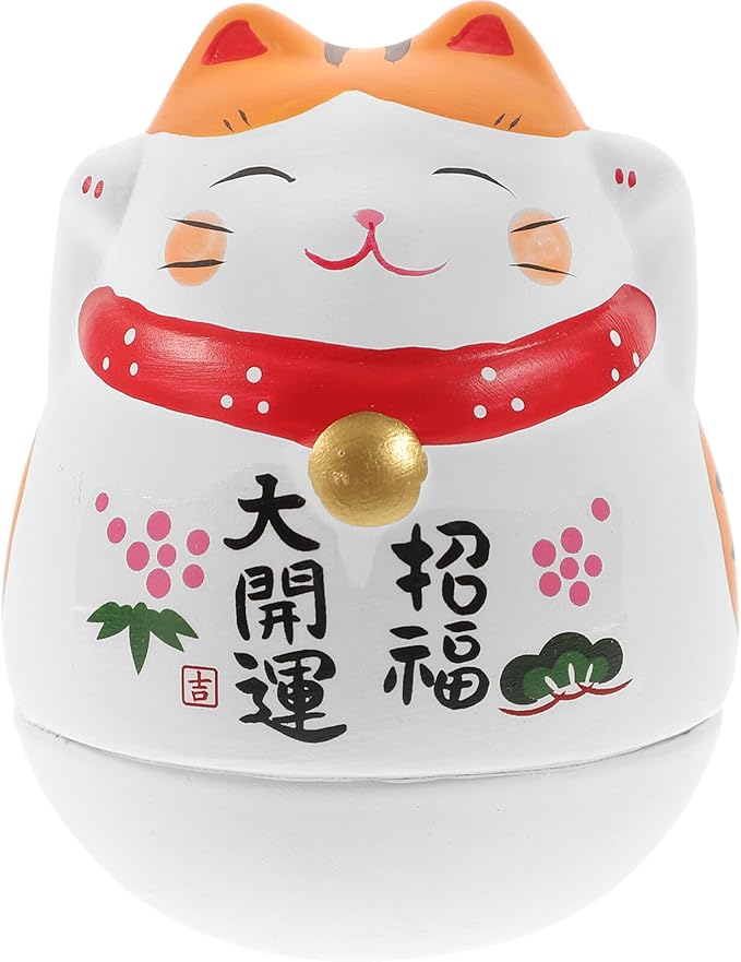 Ceramic Tumbler Lucky Cat Figurine with Orange Ears, White Japanese Maneki Neko Desktop Cat Decor, Feng Shui Ornament for Home and Office Collectible
