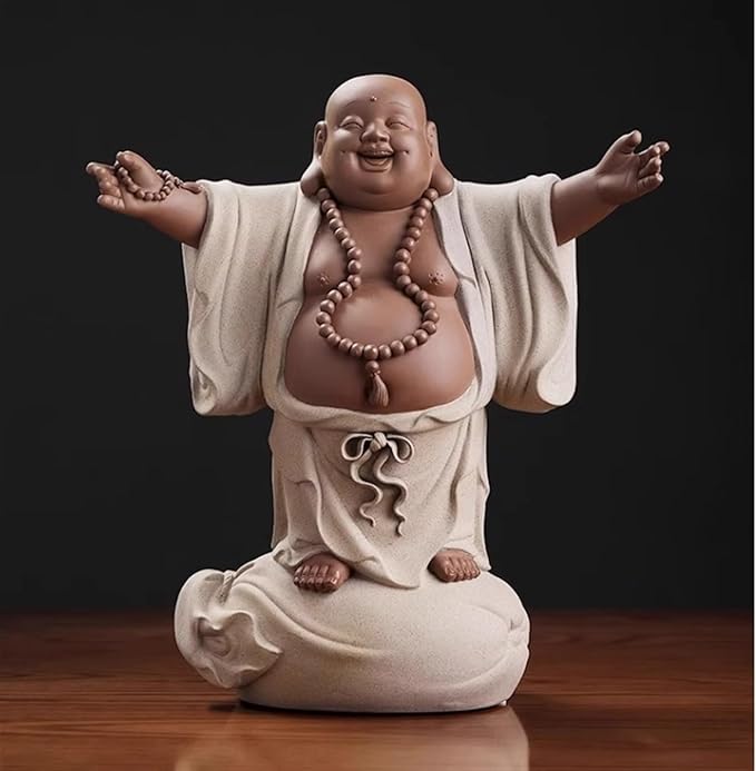RUVOO Buddha Statue Outdoor, 12.2inch Buddha Statue Ceramics Sculptures Big Belly Happy Laughing Buddha for Home Office Desktop Decor Zen Garden Decor(E)