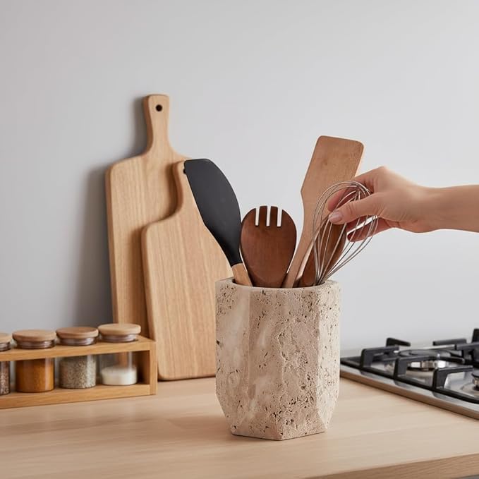 Marble Utensil Holder 6.5 Inch Stone Cooking Utensils Set Crock for Countertop Storage, Modern Travertine Utensil Caddy, Spoon Holder & Spatula Organizer for Kitchen Decor