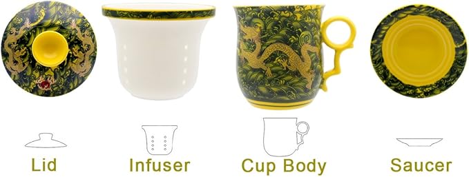 Porcelain Tea Cup with Infuser Lid and Saucer Sets - Chinese Jingdezhen Ceramics Coffee Mug Teacup Loose Leaf Tea Brewing System for Home Office