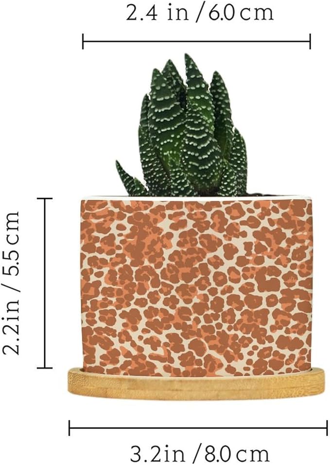 Leopard Orange Light Brown Dot Planter Ceramic African Tribal Animal Print Round Flower Pot with Drainage Holes and Bamboo Tray Pot for Pots Outdoor Indoor Plants