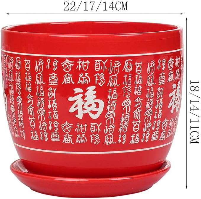 Red Ceramic Flower Pot with Saucer Chinese Style Planter Traditional Asian Decorative Pot Indoor Cylindrical Plant Pots for Indoor Outdoor Plants, Home Office Decor