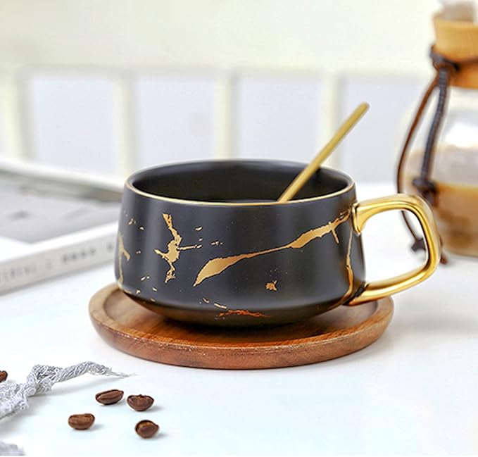LUCCK 12oz Ceramic Marble Tea Cup with Wooden Saucer Ceramic Coffee Cup Cappuccino Cup Luxury Gold Inlay Fashion Marble Pattern for Women(Black)
