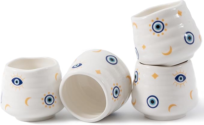 4pcs Japanese Tea Cup Set – 160ml 5.4OZ Ceramic Matcha Cup, Small Handless Espresso Cups, Cute Coffee Mugs for Valentine (Evil Eye)