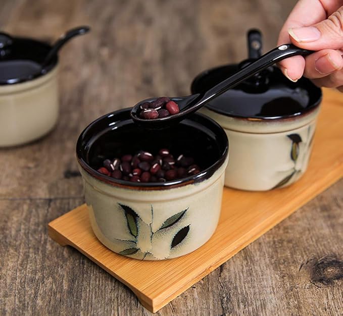 123Arts Ceramic Retro Flower Sugar Bowl Storage Jar Seasoning Pot with Lid And Spoon