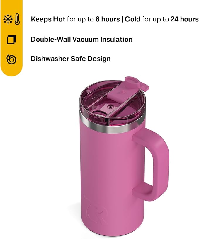 RTIC 16oz Road Trip Travel Mug with Lid and Handle, Ceramic Lined, Insulated, Stainless Steel, Metal, Double Wall Vacuum-Insulation, Portable Coffee, Tea Cup for Hot and Cold Drink, Orchid