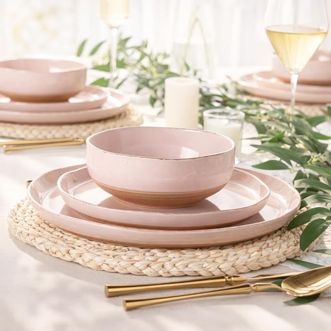 AmorArc Ceramic Dinnerware Sets for 4, 12 Pieces Handpainted Plates and Bowls Set with Rustic Terracotta Underside, Scratch Resistant Stoneware Dishes Set, Dishwasher & Microwave Safe