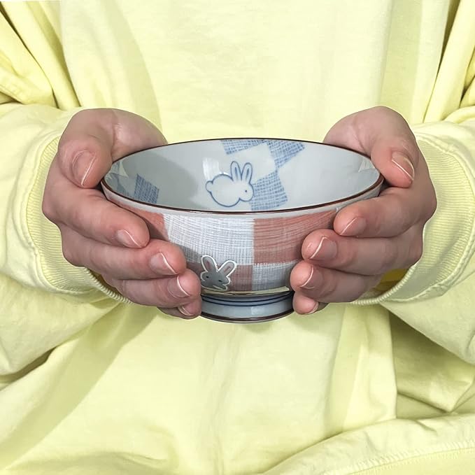 Traditional Style Japanese Ceramics Rice Bowl Chawan Pottery, Dishwasher Microwave Safe Made in Japan (Ichimatsu Usagi, Small (nakahira))
