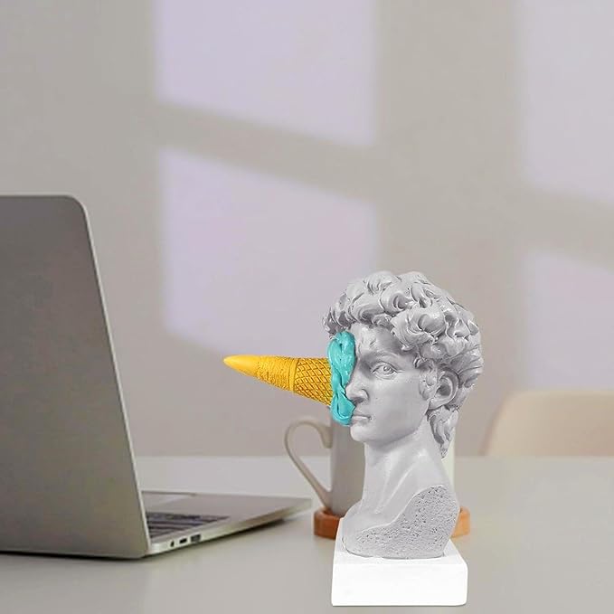 6.3 Inch Ice Cream David Head Resin Sculpture Statue for Living Room, Office, Bookshelf, Coffee Table Decorative Statues (Blue)