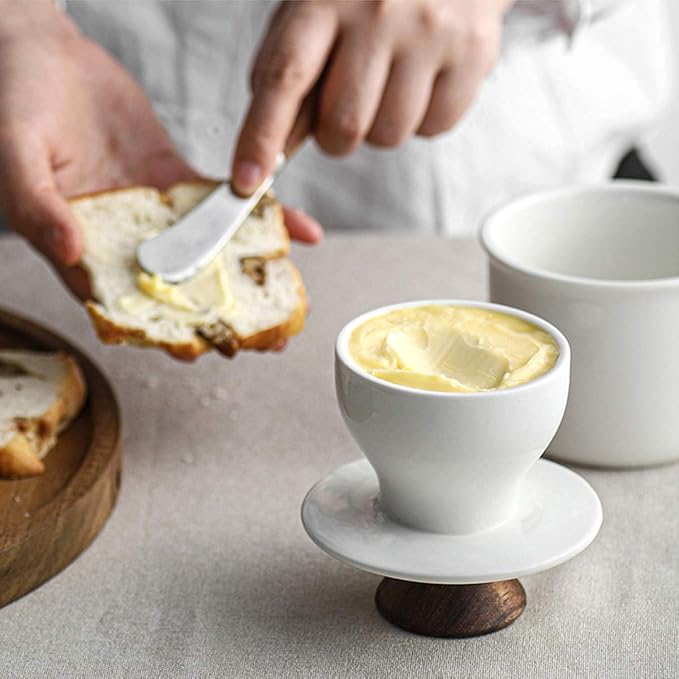 DOWAN Butter Crock for Counter, French Butter Keeper Crock with Water, Ceramic Airtight Butter Dish with Wood Knob Lid for Soft Butter, Soft White