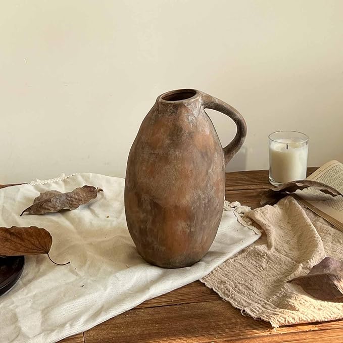 Rustic Ceramic Vase, Farmhouse Vases with Handle, Handmade Pottery Vase, Vintage Rustic Vase for Living Room, Kitchen, Home Decor, Thanksgiving, Centerpieces - 9.6 Inch