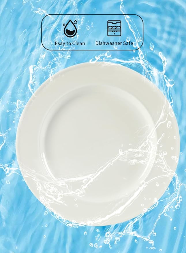 TAMAYKIM 10 Inch Porcelain Salad Dinner Plates 8 Pieces, Wide Rim Round Pasta Plates, Large Serving Dinnerware Sets, Scratch Resistant, Microwave, Oven, and Dishwasher Safe, White