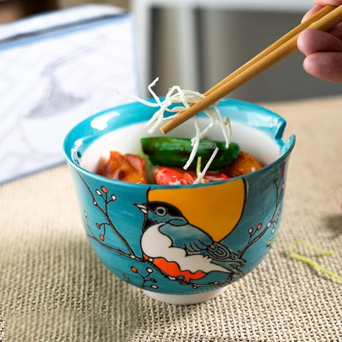 Urban Tokyo Handpainted Ceramic Glazed Japanese Ramen Udon Noodle Rice Bowl With Chopsticks 20 fl oz 5 inch Diameter Bowl Sets Color Box Packaging (Robin Bird)