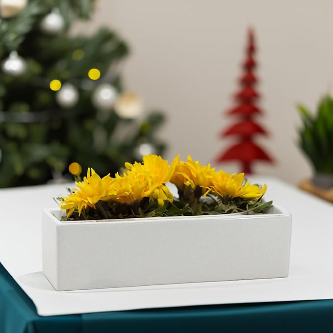 WGVI Long Rectangle Ceramic Planter Vase in White 14" x 4" x 4"H, Rectangular Box Block Terrarium Pot, Flower Arrangement, Tabletop Centerpiece, Home Decor Organization Storage Container, 1 Pc.