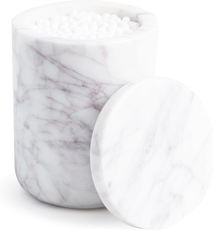 Cork & Mill Marble Bathroom Container with Lid - Holder for Qtip Swabs, Cotton Balls, Pads, Rounds, or Floss Picks - White Apothecary Jar for Q Tips - Canister for Organizing Bathroom Counter Vanity