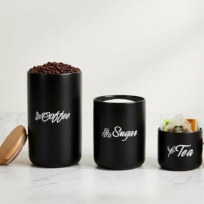 TOPZEA Black Ceramic Canister Set of 3, Coffee Sugar Tea Cylinder Containers Set with Bamboo Airtight Lid, Pantry Organization Kitchen Canisters Food Storage Jars for Countertop, Coffee Station