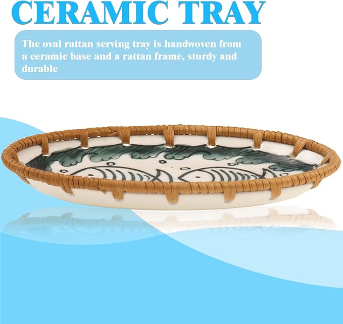 Rattan Ceramic Tray, Oval Fruit/Bread/Cookie/Jewelry Small Storage Porcelain Serving Plate, Vintage Decorative Display Plate for Coffee Table Home Decor Wedding Party Gift (Green Fish)