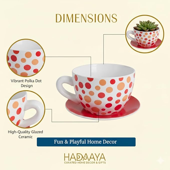 7.5" Round Ceramic Teacup Shape Planter Pot with Saucer for Succulents Orchids Herbs Cactus Indoor Houseplants Flowers for Valentines Day Gift – Orange Polka Dot Planter