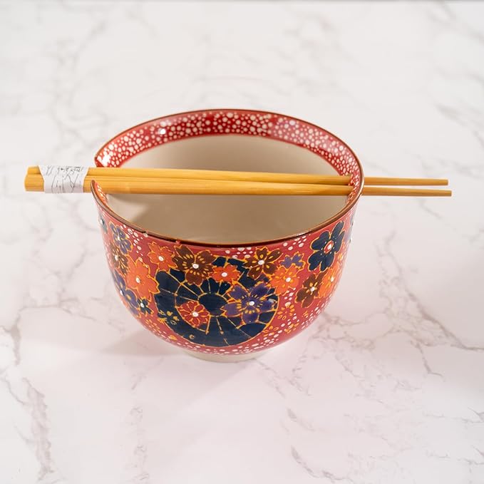 Urban Tokyo Handpainted Ceramic Glazed Japanese Ramen Udon Noodle Rice Bowl With Chopsticks 20 fl oz 5 inch Diameter Bowl Sets Color Box Packaging (Red Sakura Cherry Blossoms)