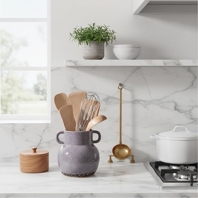 JIEMEI HOME Kitchen Utensil Holder with Handle, 6.85" Ceramic Farmhouse Stable Utensil Crock for Countertop, Utensil Organizer with Cork Bottom, Spatula Holder For Kitchen Decor, Purple