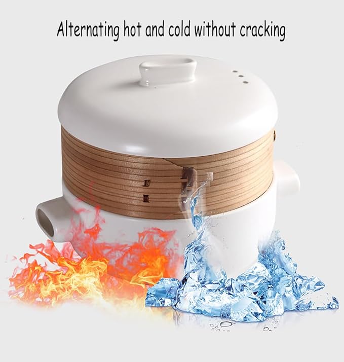 Steamer for Cooking Japanese Ceramic Hot Pot, Earthenware Clay Pot Casserole Steamer Cookware Stew Pot Stockpot with Lid & Steamer Basket for Healthy Cooking, Even Heating,Black,2.5L