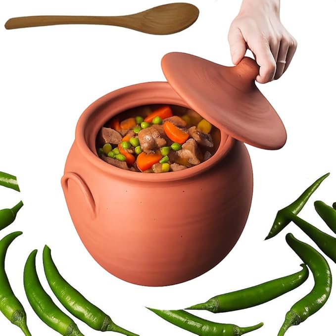 Large Earthenware Clay Mud Eathern Terracotta Cooking Pot Pottery Cazuela Cookware with Lid Natural Stovetop Stove Top Stone Stew Rice Unglazed Mexican Indian Kitchen Oven Terra Cotta Handcrafted Traditional Healthy (7.3 Quarts - Size3)