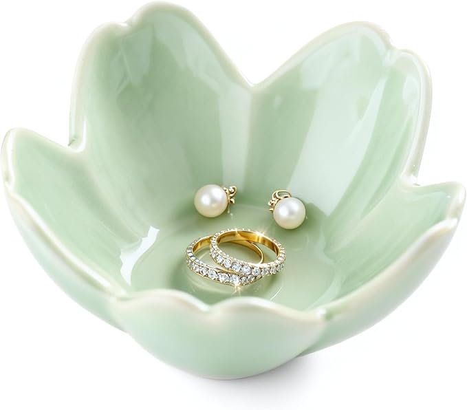 Sage Green Flower Ring Dish Ceramic Jewelry Tray, Small Trinket Dish Ring Bowl Jewelry Holder Organizer for Vanity/Bathroom/Nightstand, Birthday/Xmas/Engagement Gift for Women/Best Friends/Bride