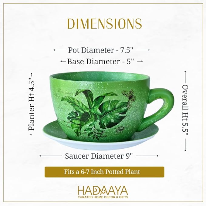 7.5" Ceramic Teacup Planter Pot with Saucer | Ideal for Succulents, Orchids, Herbs & Flowers, for St. Patrick's Day | Indoor & Outdoor Use Green - Palm Leaves