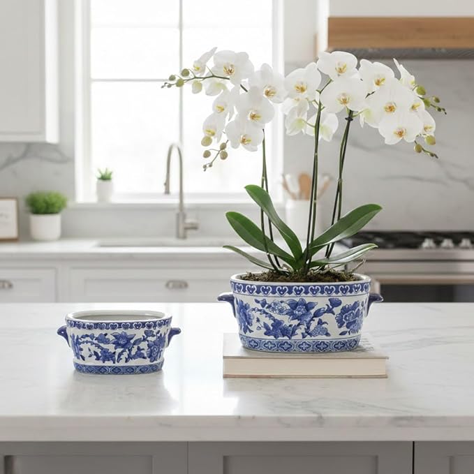 Blue and White Ceramic Planter Pot – Vintage Floral Oval Cachepot Vase for Indoor Plants, Flowers & Succulents – Glazed Chinese Porcelain Style Decorative Bowl – 7.4" Size – No Drainage
