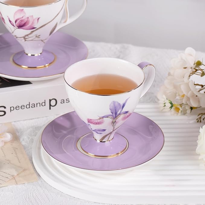 KAMMAK Ceramic Coffee Cups Saucers Set of 2, Porcelain Espresso Cups with Saucers, 8.12 oz Handcrafted Elegant Bone China Tea Cups, Purple Hibiscus & Iris Flower Pattern Teacup for Party, Office, Gift