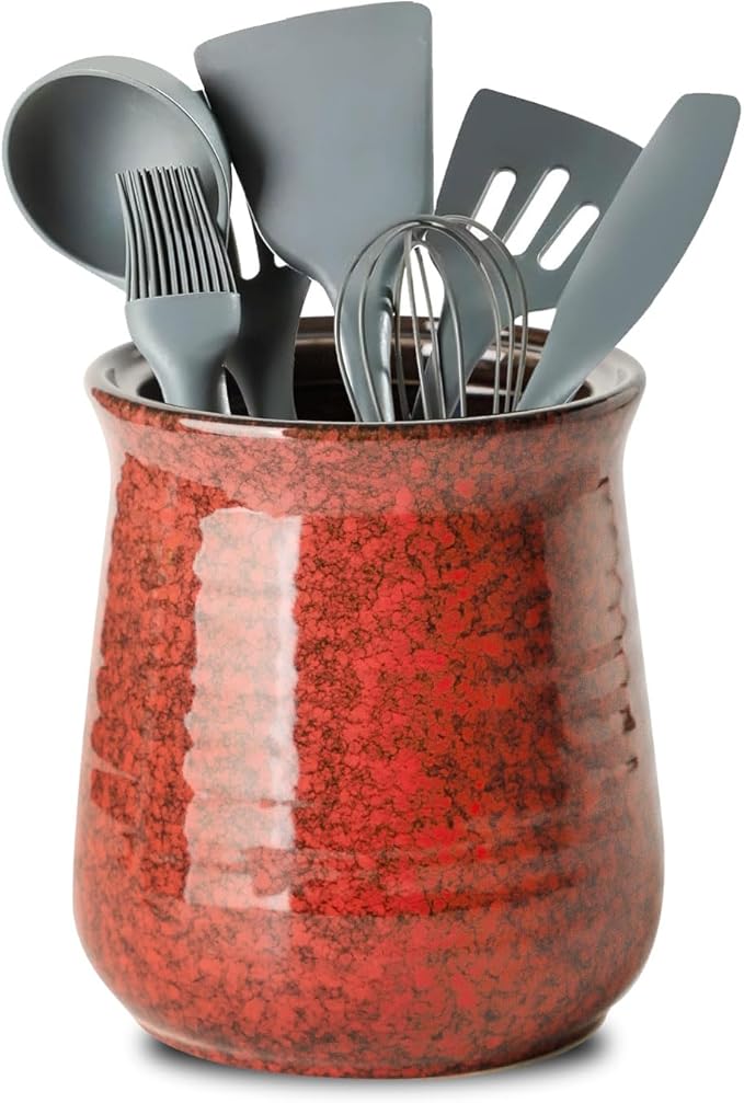 HASENSE Kitchen Utensil Holder for Countertop, 7.1” Large Ceramic Utensil Crock, Utensil Caddy, Utensil Organizer and Rustic Table Decor for Spatulas, Red