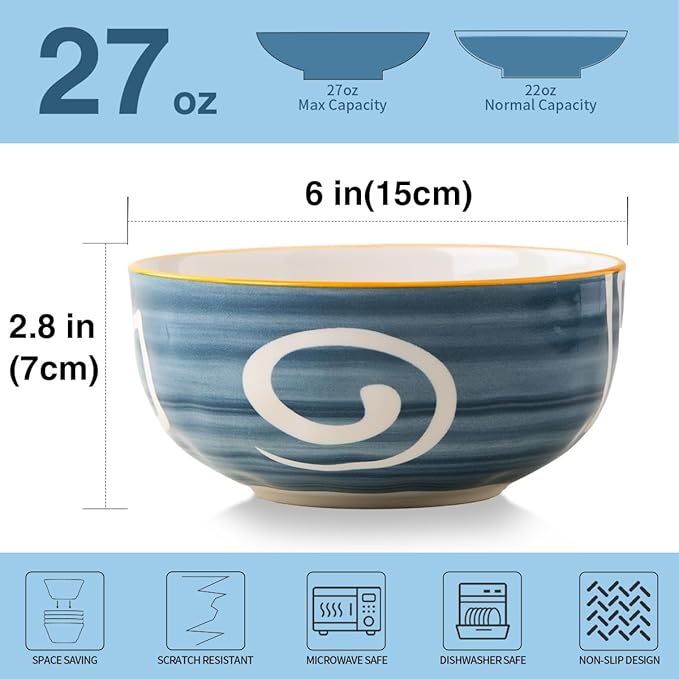 Yeacccng Japandi Cereal Bowls Set of 4, 6 Inch 27 Oz Blue Striped Ceramic Soup Bowls, Lead-Free Cadmium-Free, Dishwasher Microwave Oven Safe, Scratch-Resistant Serving Bowls