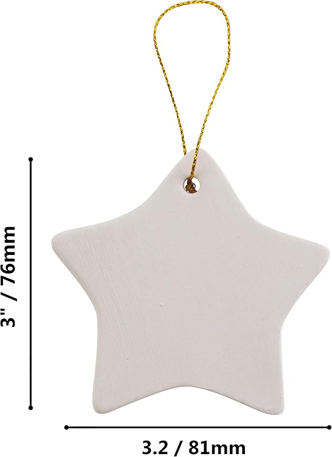 Creative Hobbies Ready to Paint DIY Ceramic Bisque Star Shaped Ornaments with Hanger for Christmas Tree and Holiday Decoration | Pack of 12