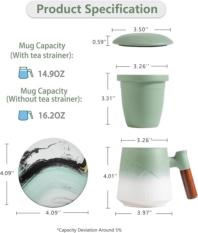 ZENS Tea Cup with Infuser and Lid for Loose Leaf Tea Steeper, 15.2 oz Ceramic Tea Mug with Fine Strainers and Absorb Coaster and Wood for Tea Lovers Gifts