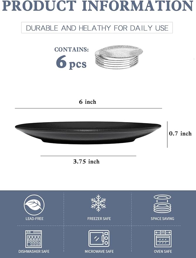 Kanwone Ceramic Dessert Plates Set of 6, Small Salad Plates 6 Inch Appetizer DIshes for Kitchen, Mini Dinner Plates for Cake Snacks Side Dish, Microwave, Oven and Dishwasher Safe, Black Glazed