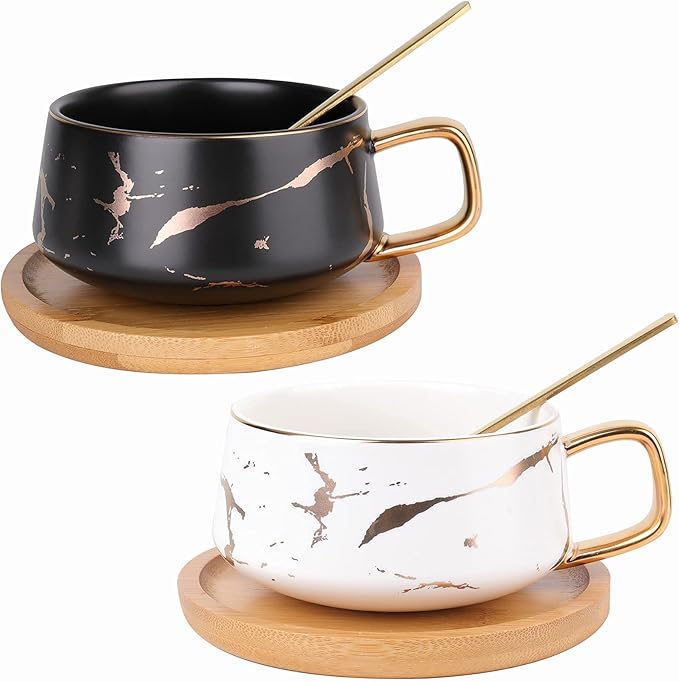 Peohud 2 Pack Ceramic Tea Coffee Cup, 10 OZ Coffee Mug with 304 Stainless Steel Spoon and Bamboo Saucer, Marble Espresso Cups for Latte, Cappuccino, Americano, White and Black