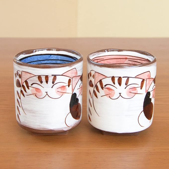 有田焼やきもの市場 Japanese Yunomi Tea Cup for Green Tea set of 2 Arita Imari ware Made in Japan Nakayoshi Neko Three Cats