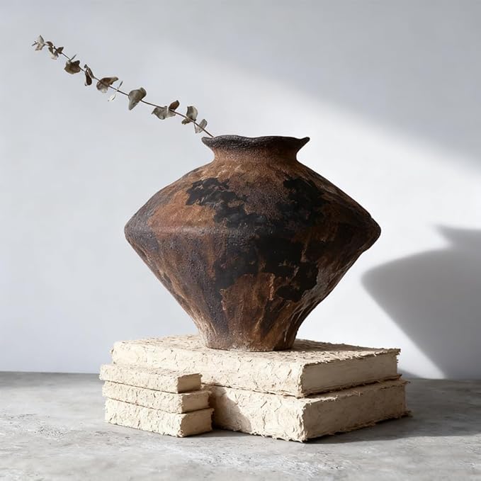 Dark Brown Terracotta Ceramic Vase, 11.5" Large Rustic Farmhouse Pottery Vase with Wide Mouth, Watertight Wabi Sabi Flower Vase for Pampas Grass and Table Centerpieces Decor