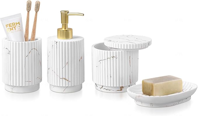 Bathroom Accessories Set 4 Pcs-Toothbrush Holders Set, Soap Dispenser, Cotton Swab Jars, Vanity Tray, Bathroom Organizer for Modern Bathrooms Decor, Gift for Home Apartment