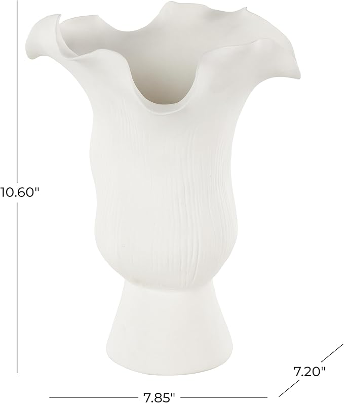 Deco 79 Ceramic Abstract Decorative Vase Floral Inspired Centerpiece Vase with Linear Grooves, Flower Vase for Home Decoration 8" x 7" x 11", White