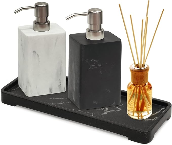 2pcs Hand Soap and Lotion Dispenser Sets for Bathroom Countertop,Black Marble Texture Resin Stone Liqiud Dish Soap Dispenser for Kitchen Sink,Refillable-15 Oz/445ml