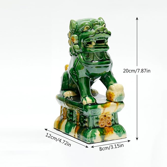 Handcrafted Ceramic Feng Shui Foo Dog Statues Pair Asian Guardian Lions for Office, Home, Housewarming, and Store Opening Gifts Traditional Chinese Decor,Green,4.72 * 7.87in