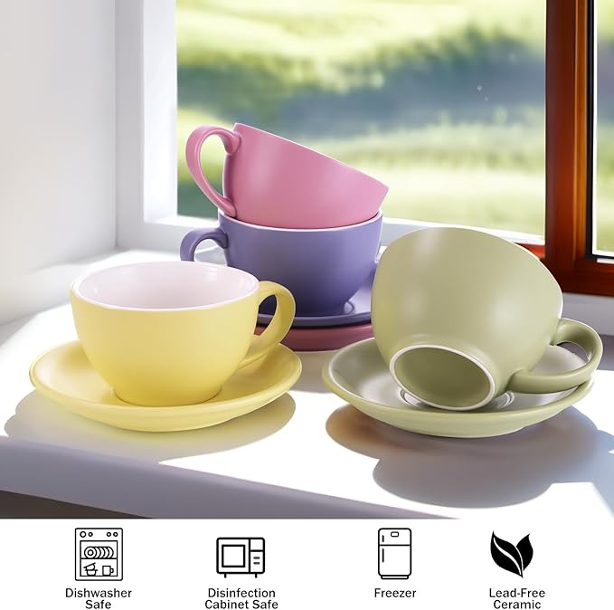 Yundu Matte Color Cappuccino Cups Set of 4-10oz Ceramic Latte Mugs with Saucers, Elegant Espresso Cups for Coffee & Tea