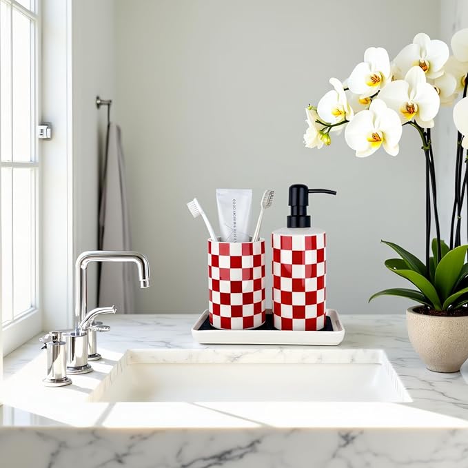 Ceramic Toothbrush Holder, Red Tooth Brush Holders for Bathrooms, Modern Cute Toothbrush Tumbler/Cup, Toothbrushes Toothpaste Dispenser for Countertop Storage, Checkered Bathroom Decor