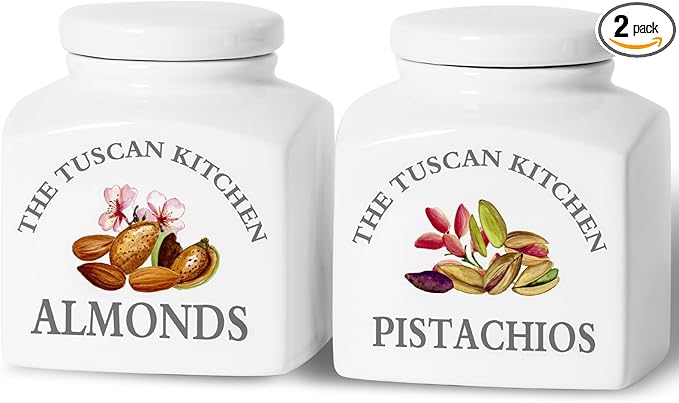 HOMBENE Kitchen Canisters Ceramic Containers, Food Storage Jar with Airtight Lids, 17 oz Containers Jar for Pistachios and Almonds Set of 2, White