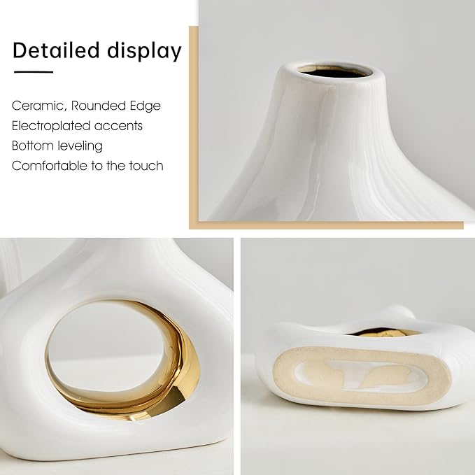 Modern Ceramic Donut Vase: Set of 2 -Minimalist Nordic White and Gold Hollow Vase Home Decor for Kitchen Dining Table Centerpieces Living Room Bederoom Entryway Wedding