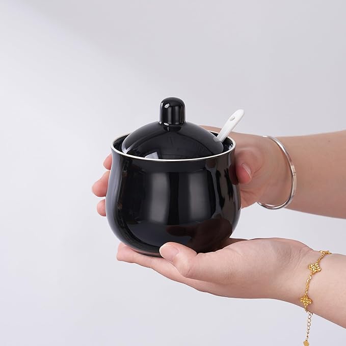 Ceramic Sugar Bowl with Lid and Spoon, Black Porcelain Sugar Salt Pepper Storage Jar, 12 Ounces