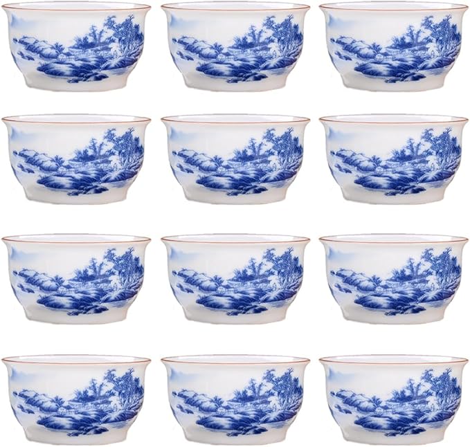 Chinese Handmade Kungfu Tea Cup 60 ml,Bone China Blue and White Tea Cups Set of 12,Ceramic Tea Mugs Without Handles,Best Gift（Landscapes）