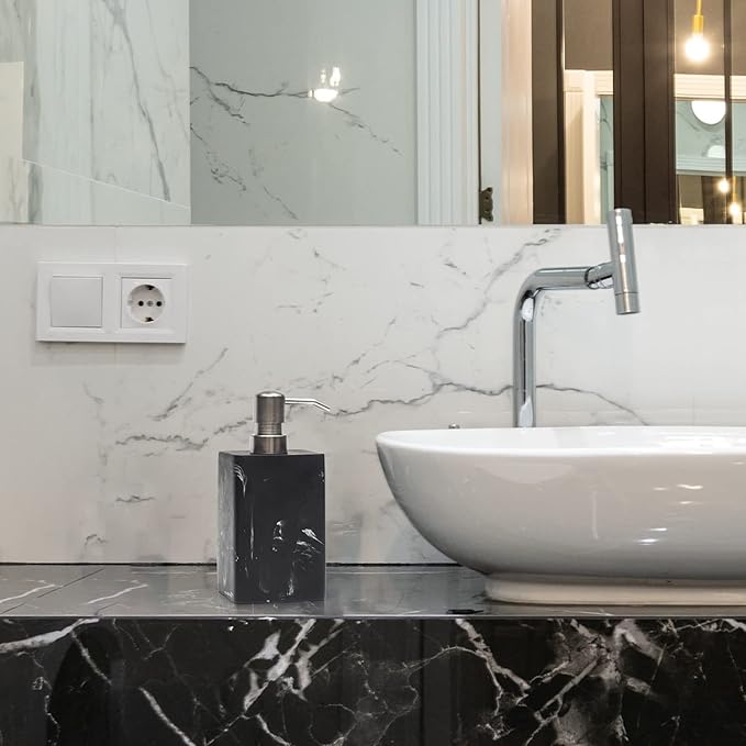 Soap Dispenser, 15 Oz with with Brushed Nickel Pump,Refillable Liquid Square Decorative Soap Dispenser for Hand Soap,Dishwashing Liquid and Hand Lotion-Black Marble Style